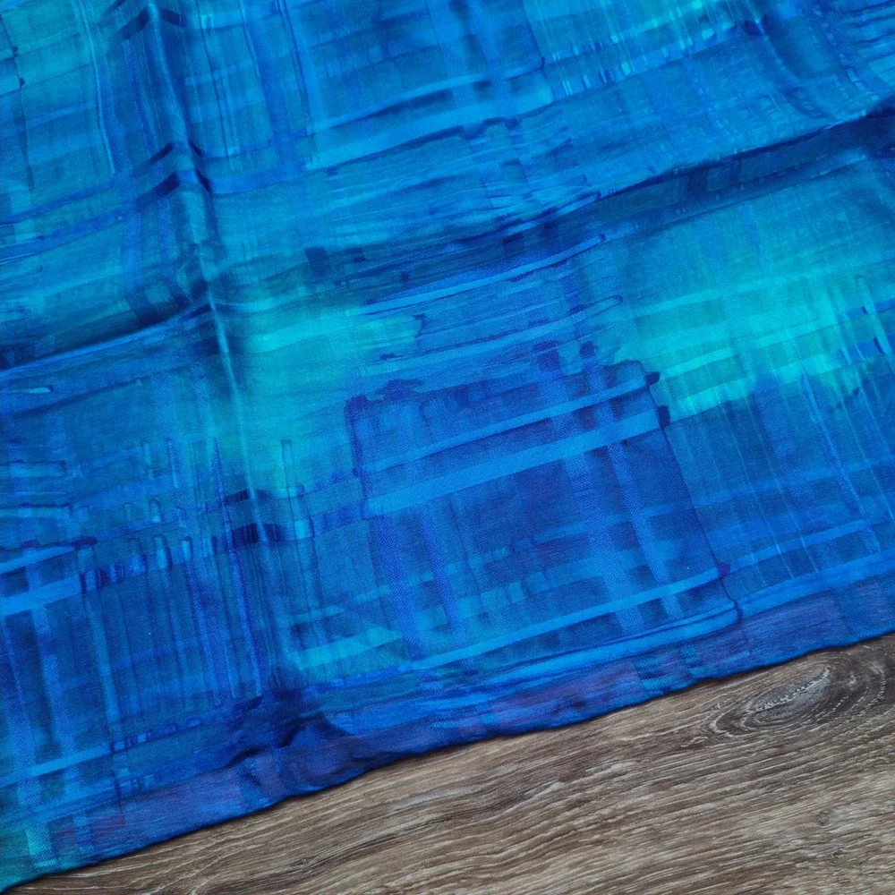 NWT Chico's Sheer Blue Geometric 100% Silk Scarf Teal Windowpane Oblong Stripe